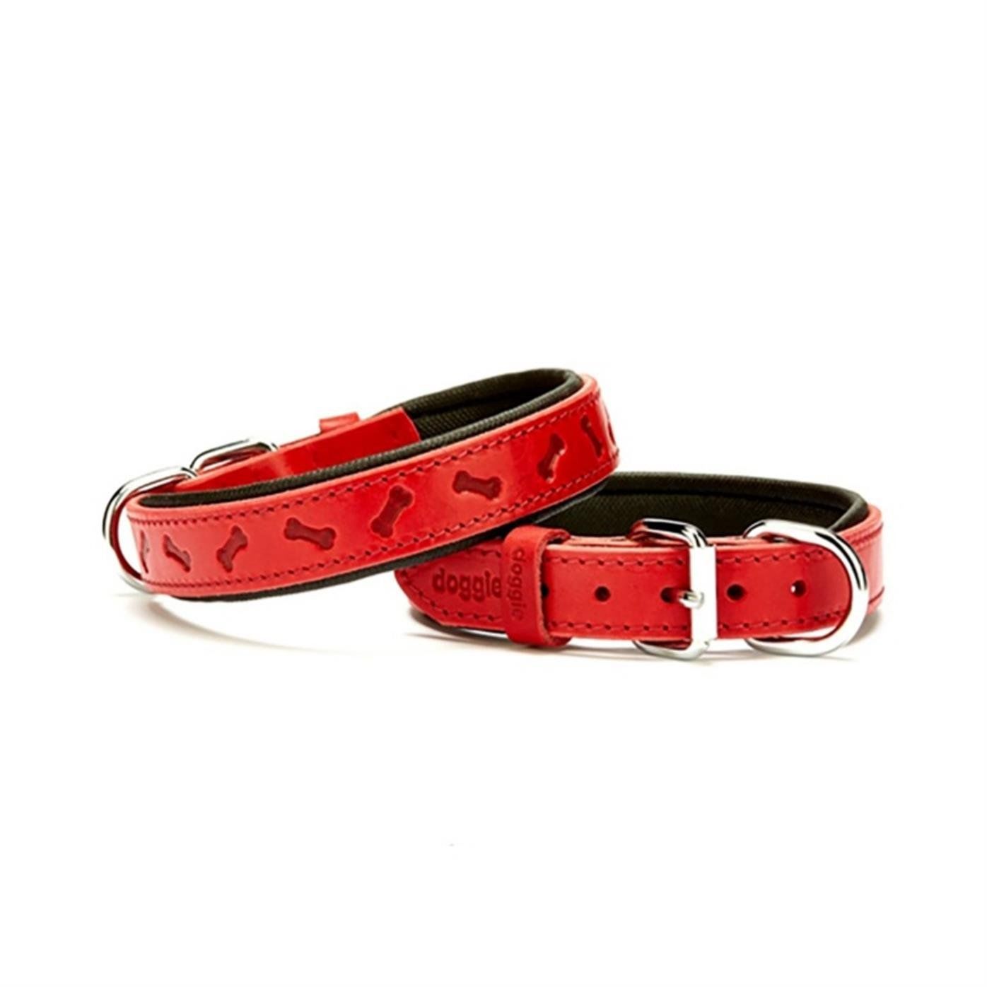 Doggie Comfort Deri Kemik Desenli Köpek Boyun Tasması Medium Kırmızı 2.5x37-45 Cm