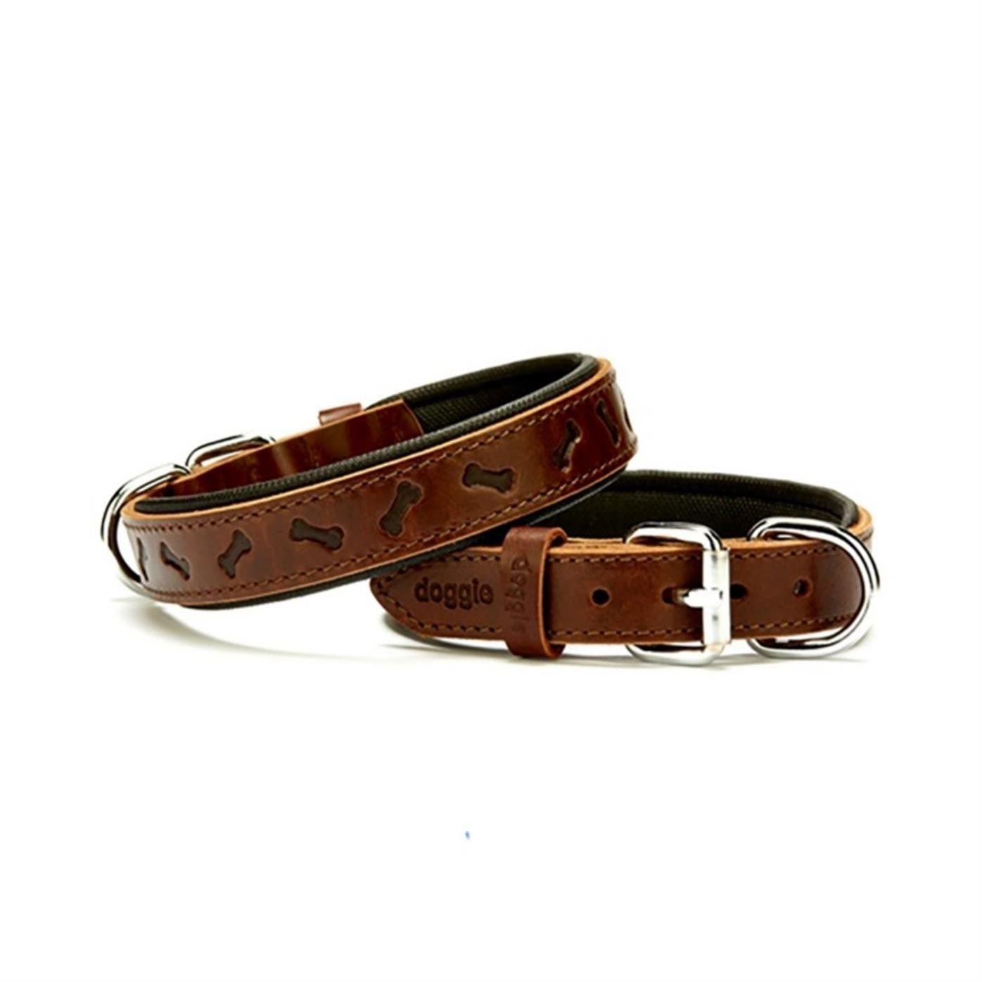 Doggie Konforlu Gerçek Deriden El Yapımı Kemik Desenli Köpek Boyun Tasması 2,5x37-45cm - Brown
