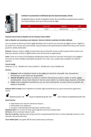 Supravet Cat Calcıum Fosfor Kedi Sıvı Besin Takviyesi 100 ML ( SUP032 )