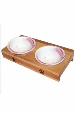 Carno Ahşap Sehpalı Ikili Pembe Seramik Mama Kabı